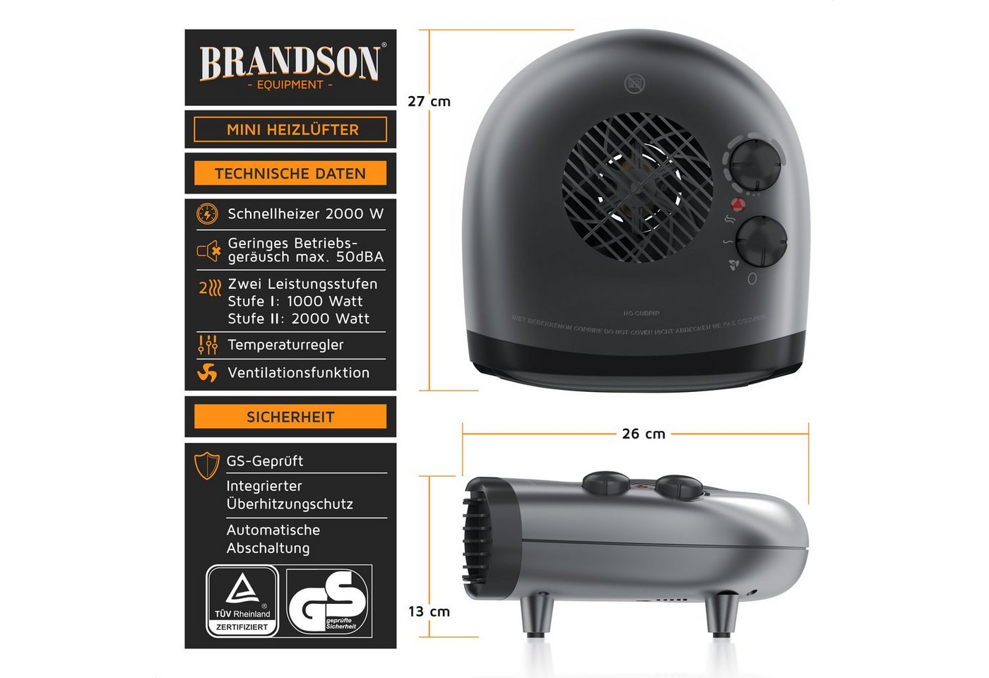Brandson - Heizlüfter 2000W, 2 Leistungsstufen, Thermostat, energiesparend, leise, Überhitzungsschutz, automatische Abschaltung, Grau Bild 5