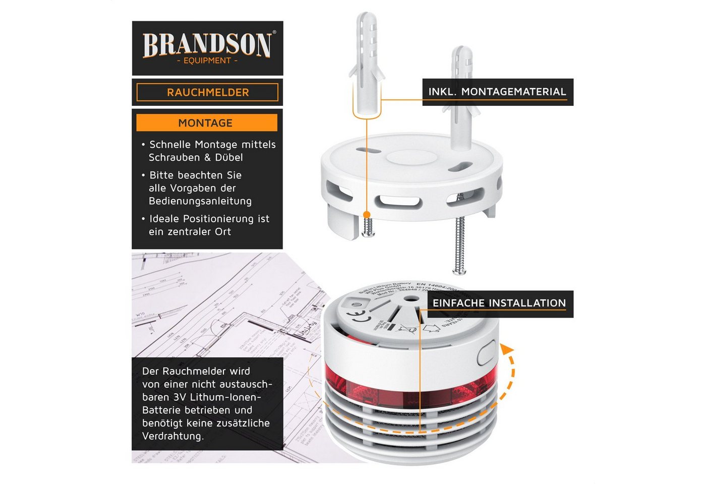 Brandson Rauchmelder Mini - 10 Jahre Batterie - Lithium Ionen Batterie 1500 mAh - Lautstärke 85 db - LED Indikator - Prüftaste Bild 4