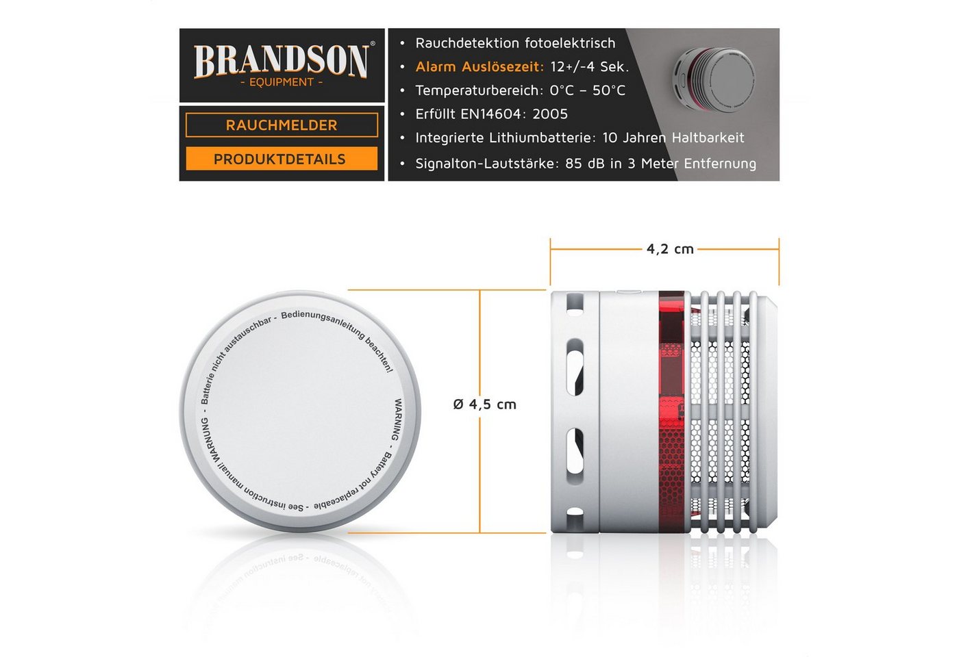 Brandson Rauchmelder Mini - 10 Jahre Batterie - Lithium Ionen Batterie 1500 mAh - Lautstärke 85 db - LED Indikator - Prüftaste Bild 5