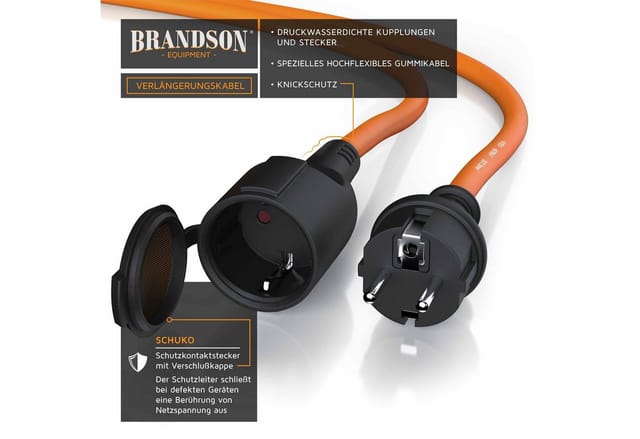 Brandson - Verlängerungskabel, Typ f Schutzkontakt, Stromkabel Verlängerung für den Außenbereich 3500W, Outdoor, IP44 - 10m