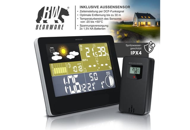 Bearware - Funkwetterstation mit lcd Farbdisplay inkl. Außensensor & Wettervorhersage-Piktogramm