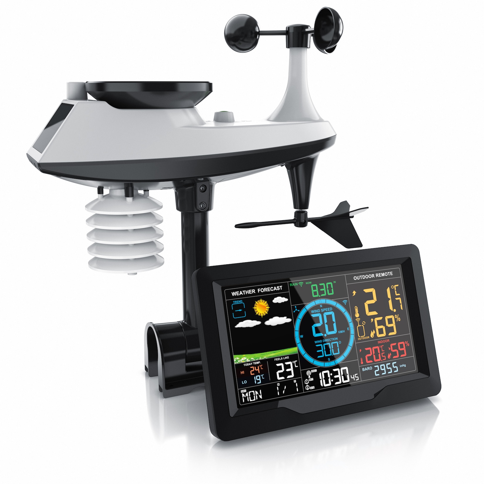 Funkwetterstation mit 5 in 1 Außensensor - led Farbdisplay - dcf - Thermometer Hygrometer Barometer - Windgeschwindigkeit - Regenmenge - Brandson