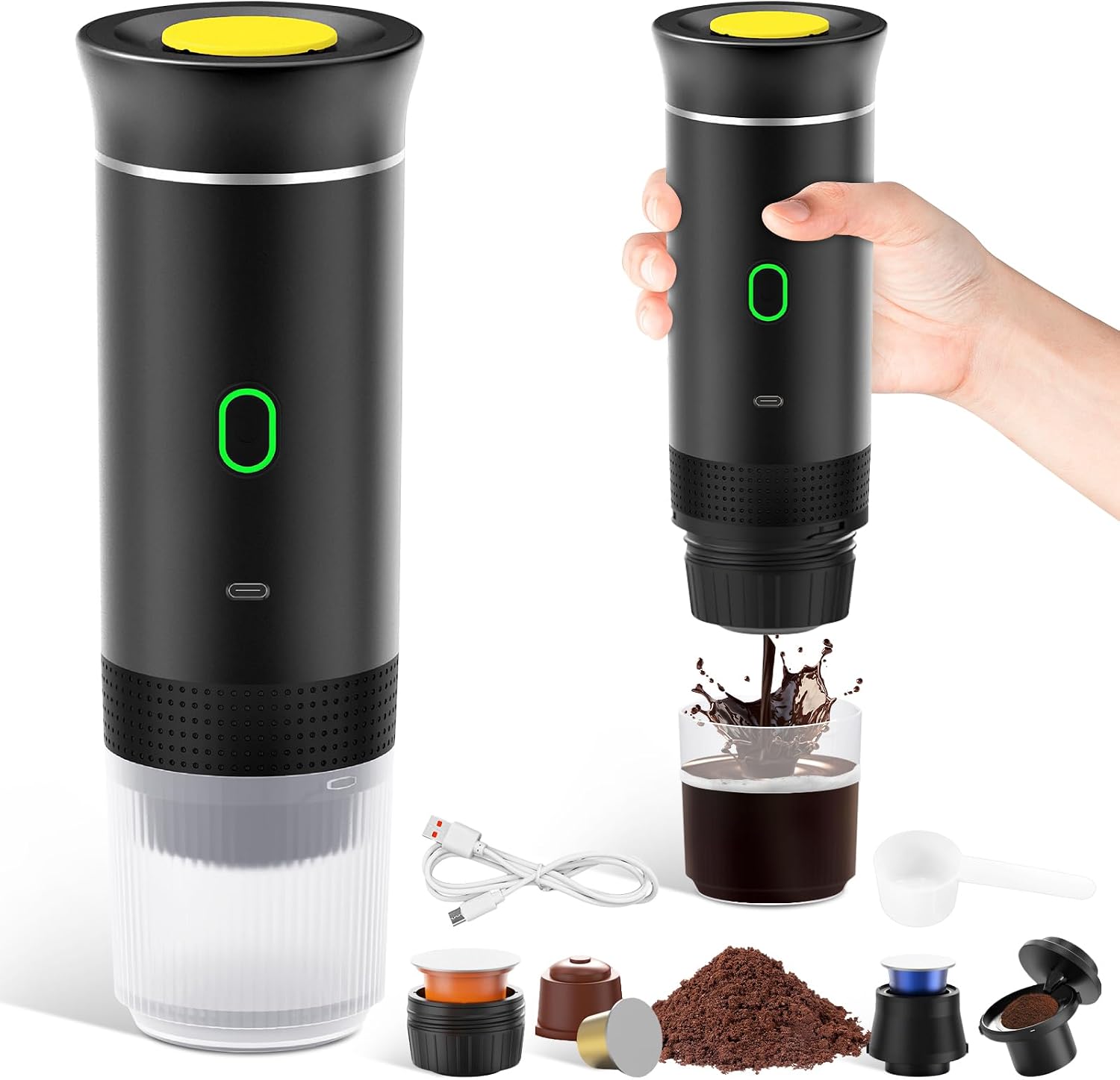 Cafetière Portable 3 En 1,rechargeable Cafetière Portable De Voyage,12v Machine A Cafe Pour Capsule,café Moulu,pour Camping,voyage,bureau,voiture,maison (noir)