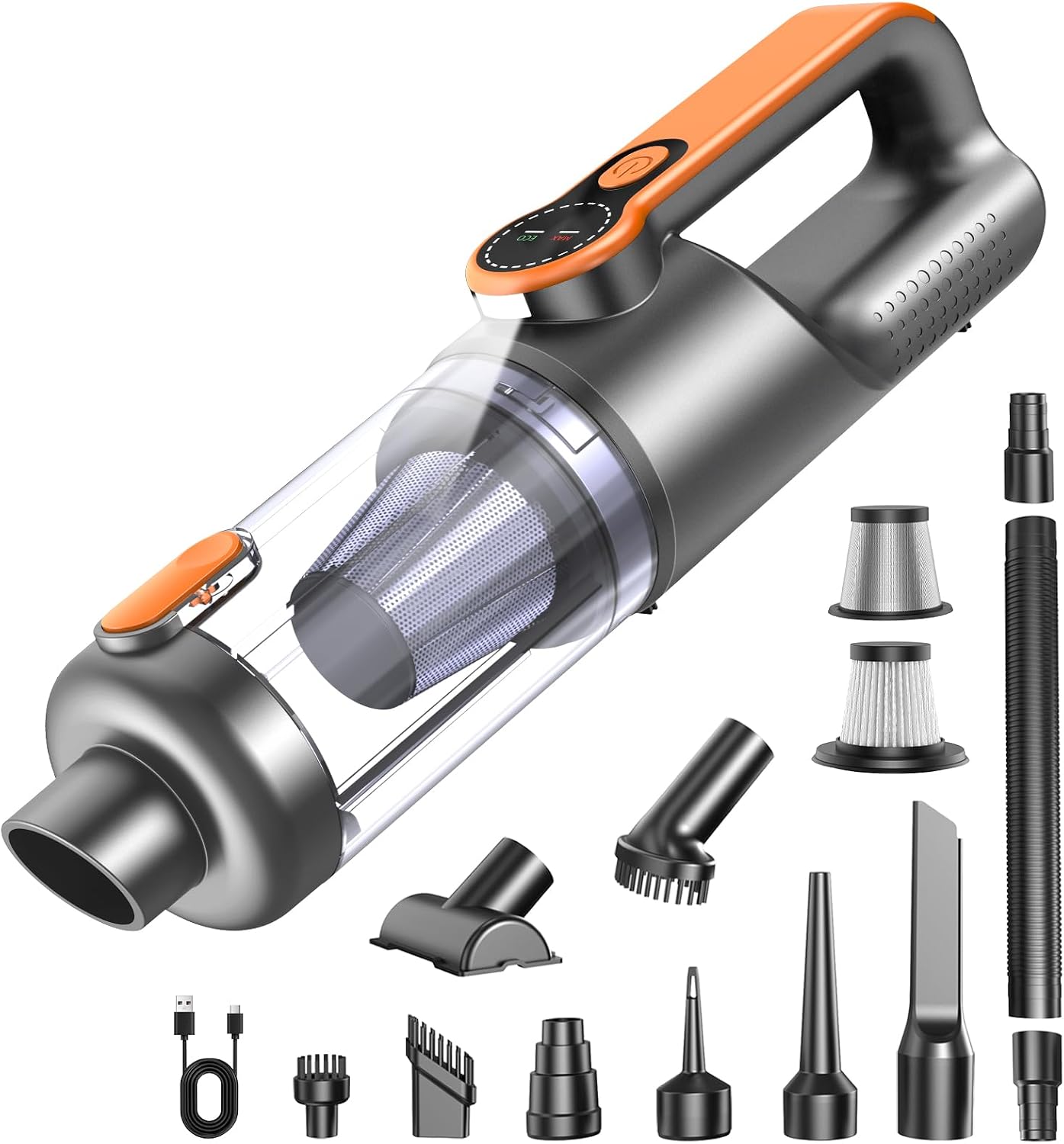Akku-handstaubsauger, 26.000 Pa, 4-in-1-funktion, Staubentfernung Per Knopfdruck, Bürstenloser Motor, Hd-display Und Led-beleuchtung, Mini-autostaubsauger Für Zuhause, Büro Und Auto, Orange