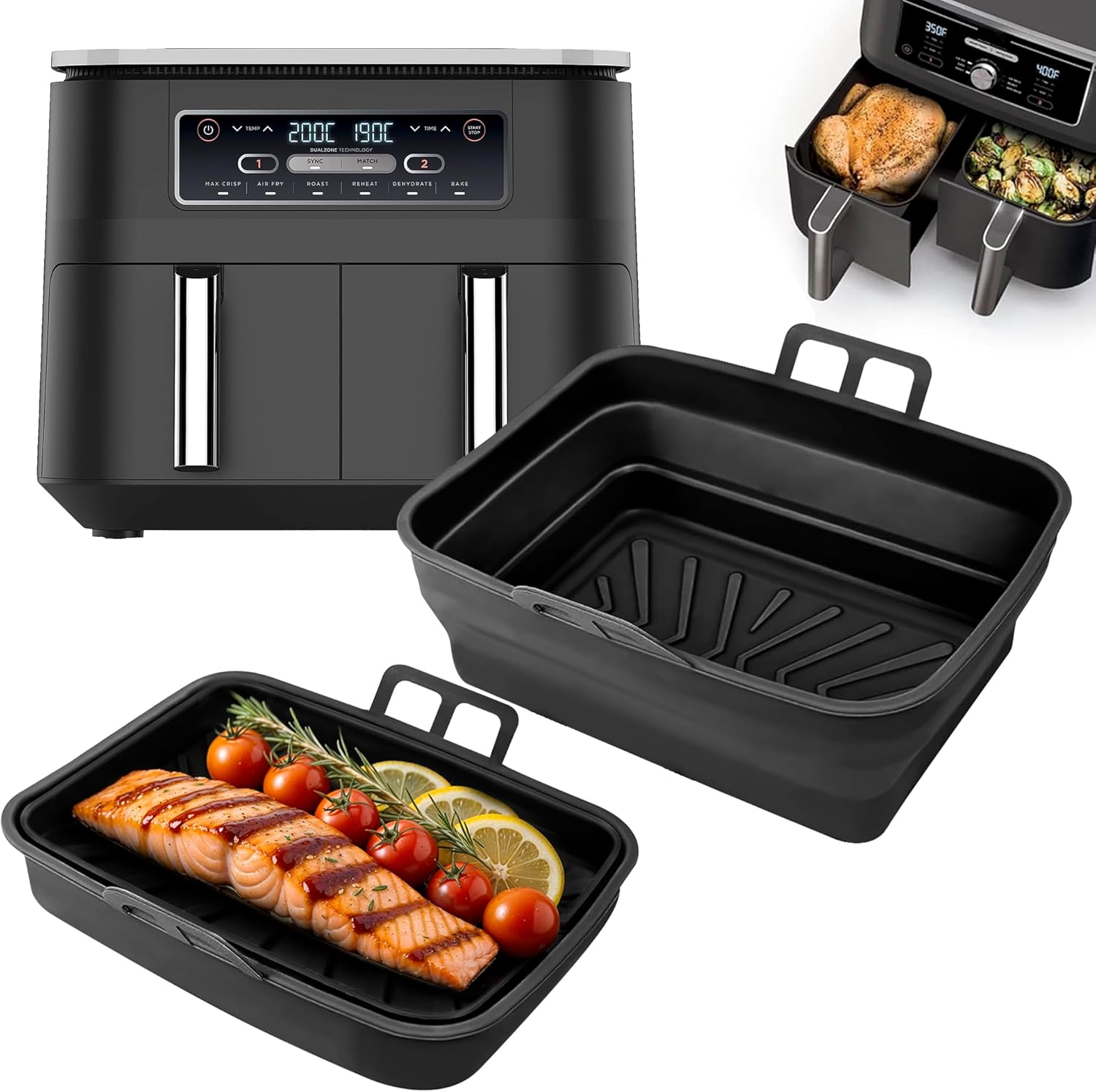 Set Mit 2 Faltbaren Silikoneinsätzen Für Ninja Foodi Max Dual Zone Fritteuse Af300uk Af400uk 7,6l-9,5l Af451uk Sl400uk, Tower Air Fryer Zubehör, Körbe