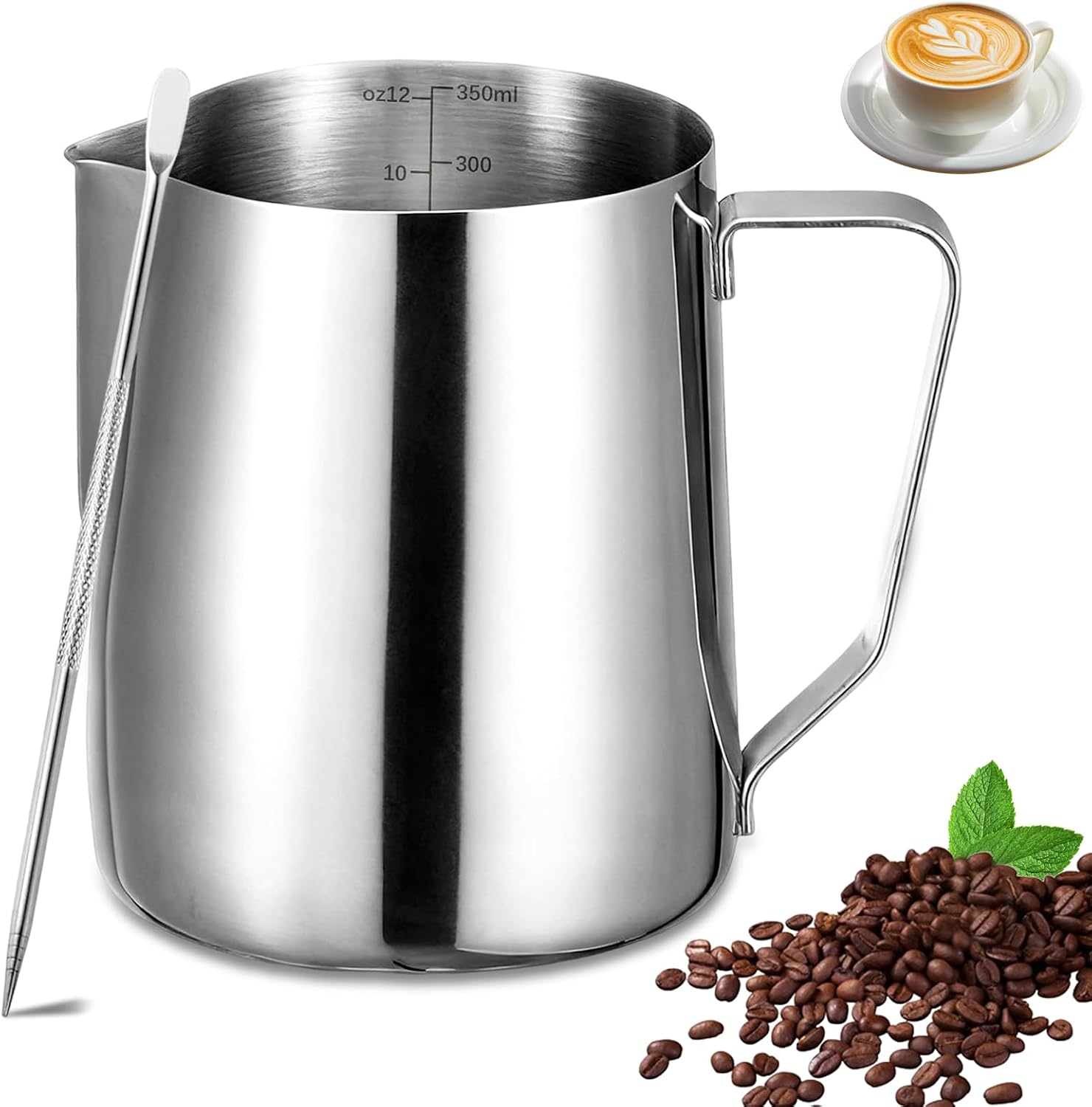Milchtopf – 350 Ml – Aus Rostfreiem Edelstahl – Mit Mark- Und Latte-art-stift – Für Cappuccino, Espresso, Latte Art – Parfait Für Café-liebhaber