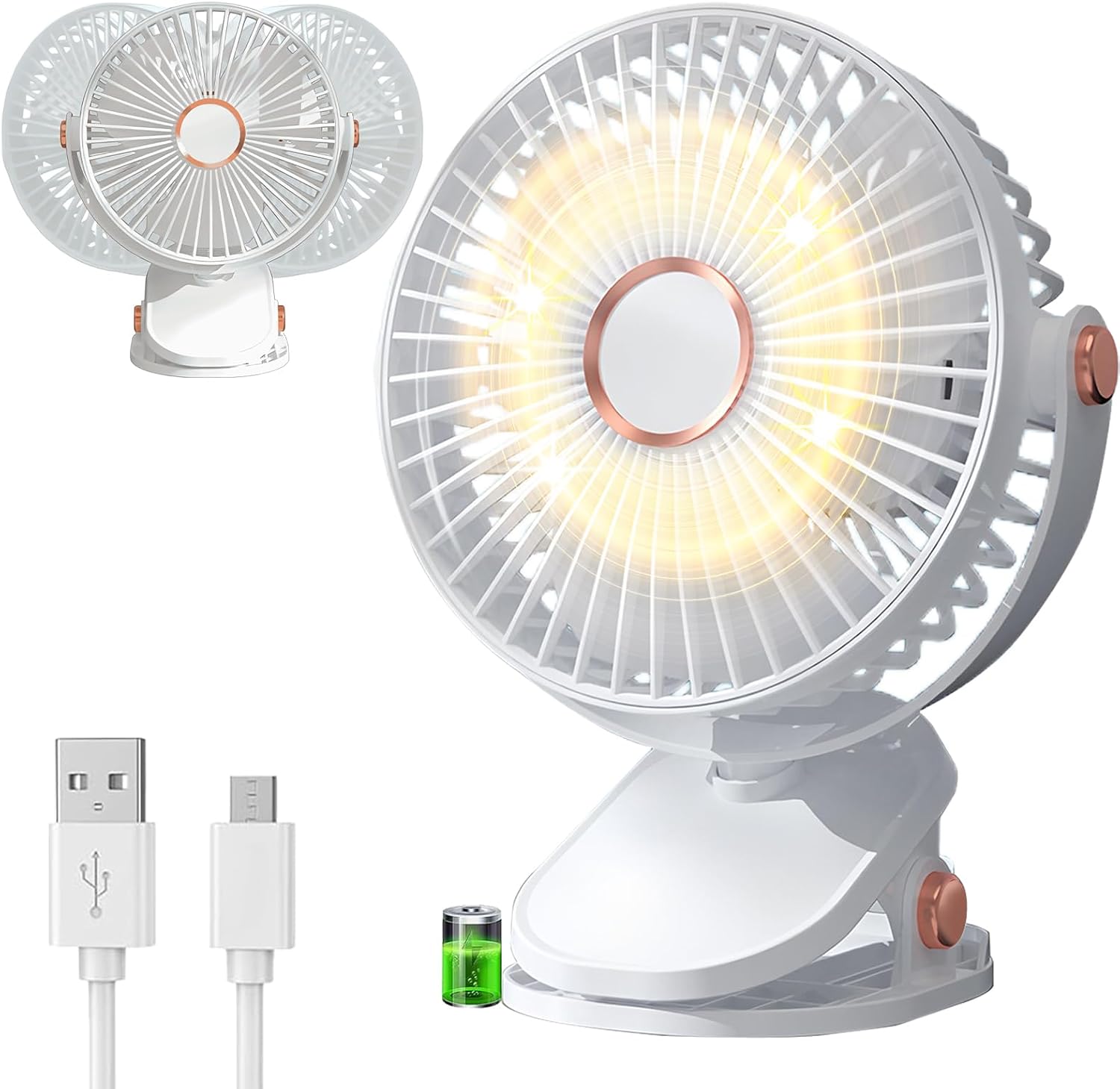 Usb-tischventilator – 360°-drehung – 3 Geschwindigkeitsstufen – Usb-aufladbar – Mit Led-beleuchtung – Leise – Für Büro, Zuhause Und Arbeitszimmer – Weiß