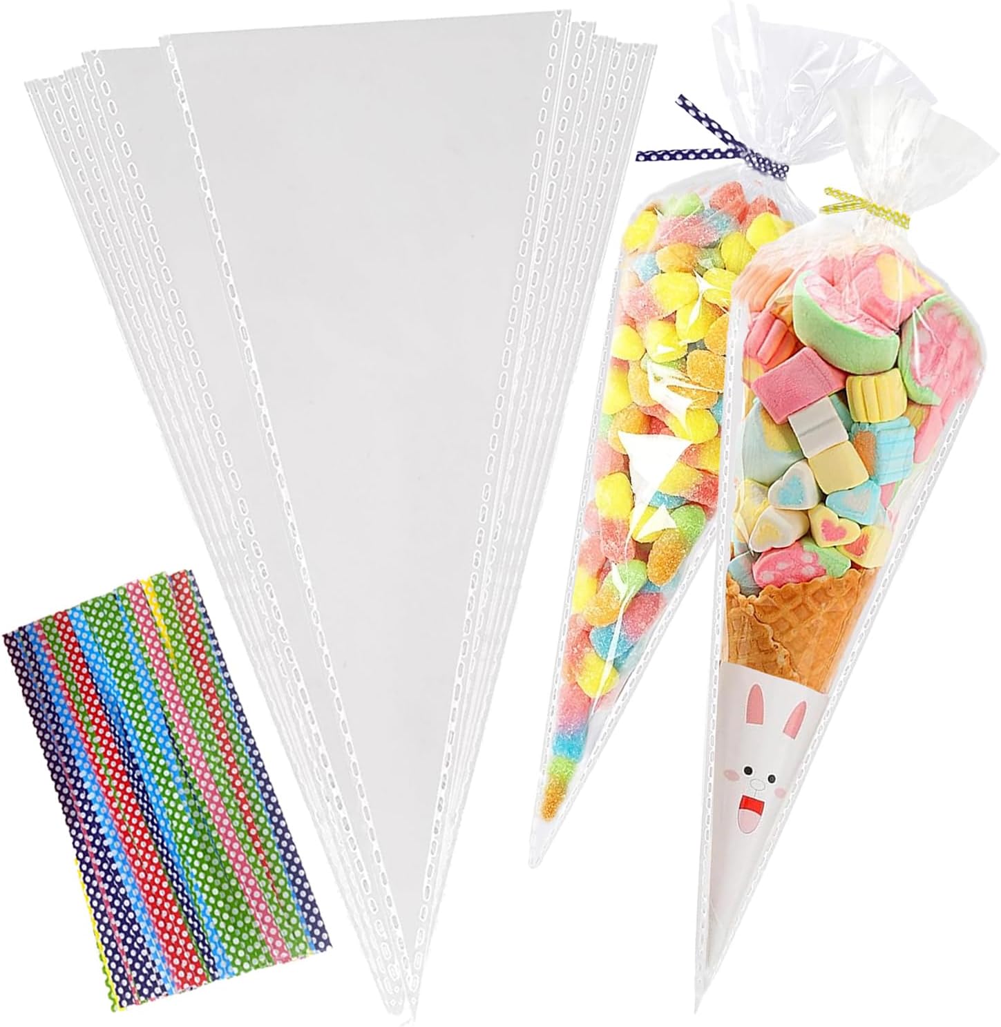 Packung Mit 100 Kegelförmigen Beuteln (30 X 16 Cm) Mit 100 Farbigen Verschlussbändern, Süßigkeitenbeutel, Dreieckige Beutel Für Süßigkeiten, Kekse, Gebäck