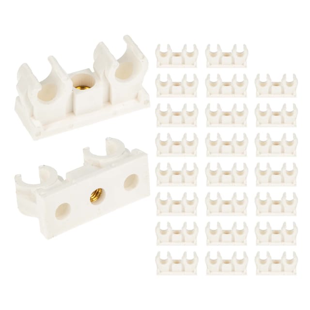 Tecuro - Doppel - Rohrclip Set 10 mm - 25 Stück - Kunststoff weiß, mit Messing - Gewindebuchse M6