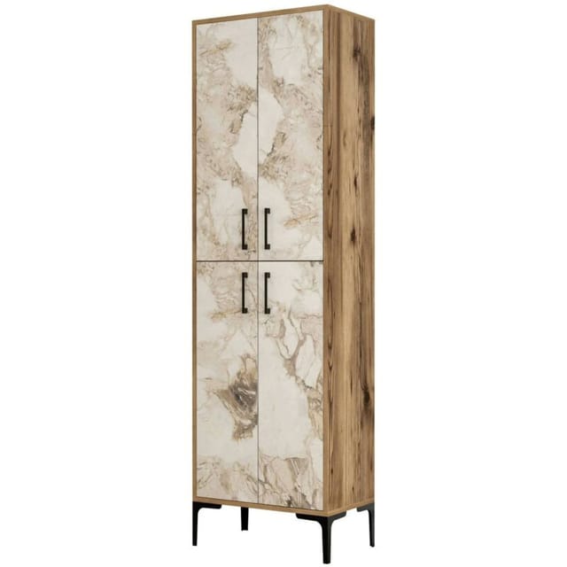 Großer Mehrzweckschrank Denipot, Multifunktionale Möbel, Schuhschrank, Besenschrank, 60x35h200 cm, Nussbaum und Weißer Marmor - Dmora