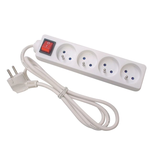 Perel Steckdosenleiste mit Schalter, 4 Steckdosen Typ E, Kabel 1.5 m, 3G1.5, Innenbereich, Weiß