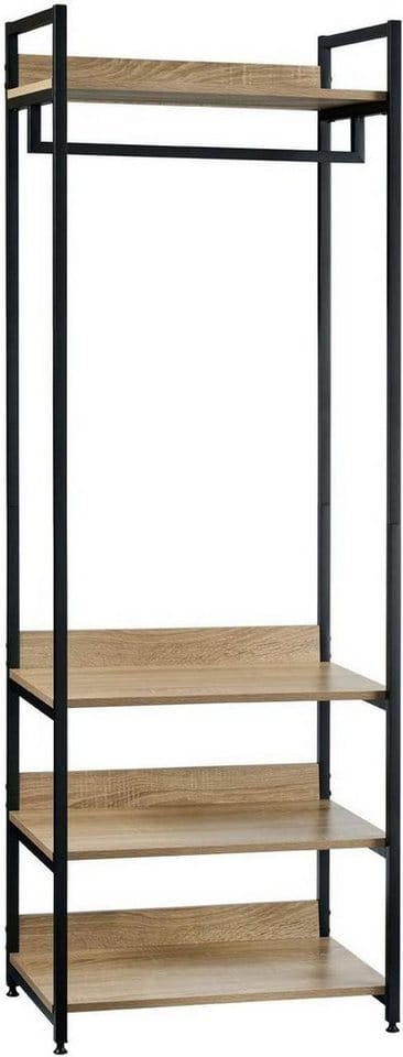 WOLTU Kleiderständer mit Regal Kleiderschrank Offener mit Schuhregal Garderobenständer für Schlafzimmer, Holz und Stahl, Hell Eiche+schwarz
