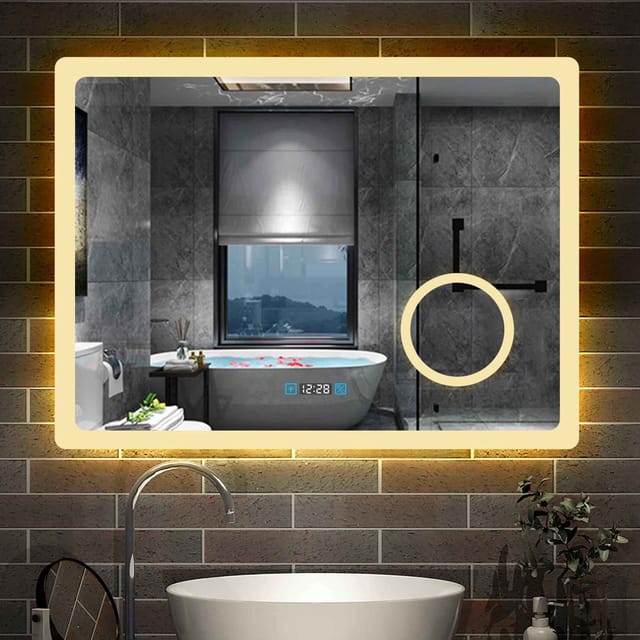 Aica Sanitaire - 80×60 cm Uhr dimmbar Kalt/Warmweiß 3x led Make-up Spiegel Touch Beschlagfrei
