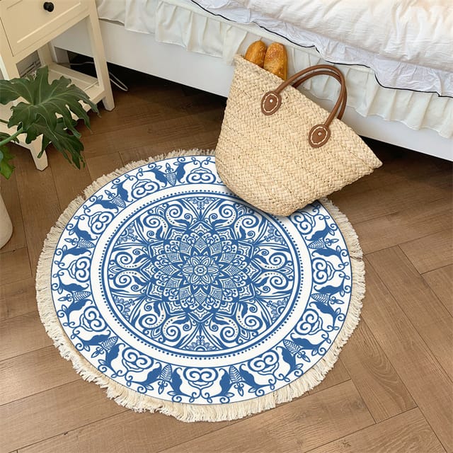 Blauer, Gewebter, Runder Teppich Aus Baumwolle, 120 Cm, Mandala-stil, Fransenteppich, Waschbarer Teppich Für Den Innenbereich, Für Wohnzimmer, Schlafzimmer, Spielzimmer
