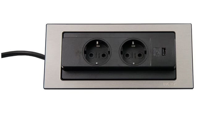 Backflip Steckdose - versenkbare Steckdose 2 fach mit usb-c Charger, Kunststoff / Edelstahl gebürstet nanobeschichtet - Evoline