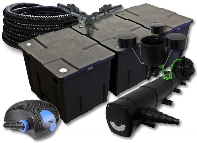 Komplettset: CBF-350C Teichfilter bis 90000 l Teichfilteranlage, CTF-12000 Teichpumpe 12000l/h 100W, CUV-272 Teichklärer 72W, 25m Teichschlauch 25