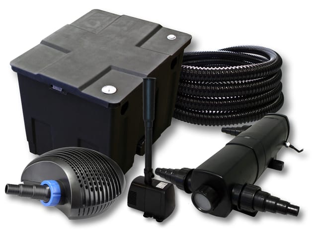 Sunsun Komplettset: Cbf-350 Teichfilter Bis 12000l Teichfilteranlage Durchlauffilter, Ctf-6000 Teichpumpe 6000l/h 40w, Cuv-218 Teichklärer 18w, 25m Teichschlauch 25 Mm, Hj-943 Springbrunnen 800l/h 16w