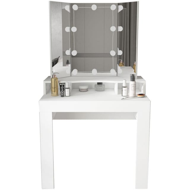Ml-design - Schminktisch Weiß Frisiertisch mit led Beleuchtung, Spiegel 3-tlg klappbar, Schublade 3 Fächer, 89,5x155x43,5cm, Kosmetiktisch für Damen