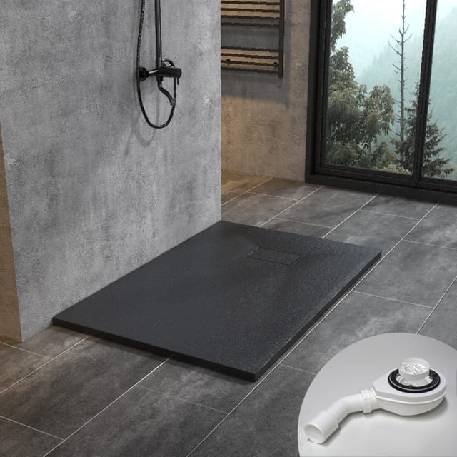 Witen&nock - Moderne Duschwanne Duschtasse Anti-Rutsch Flach Schwarz 120x80 cm + smc Adeckung mit Ablaufgarnitur