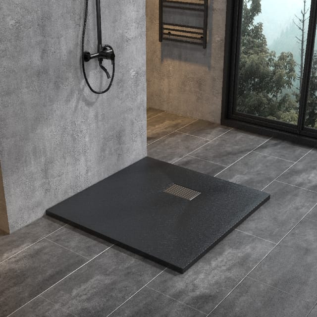 Witen&nock - Moderne Duschwanne Duschtasse Anti-Rutsch Flach Schwarz 90x90 cm + Edelstahl Adeckung ohne Ablaufgarnitur