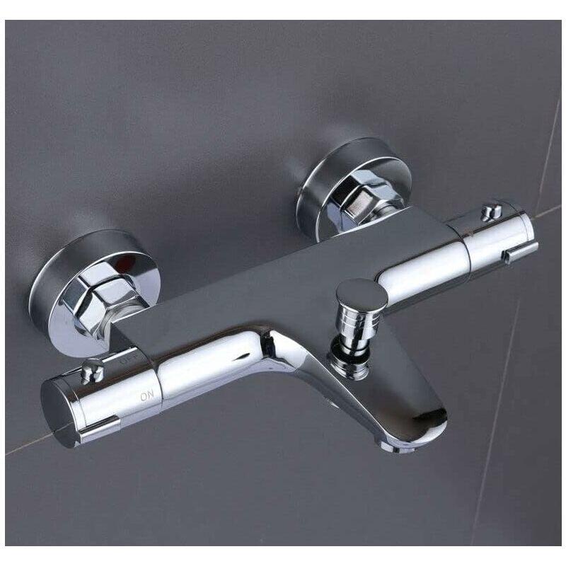 Thermostatic Bath Mixer 20-50°c, Stainless Steel 2 Spout Shower Mixer Chrome Bathroom Mixer With 38°c Safety Button
