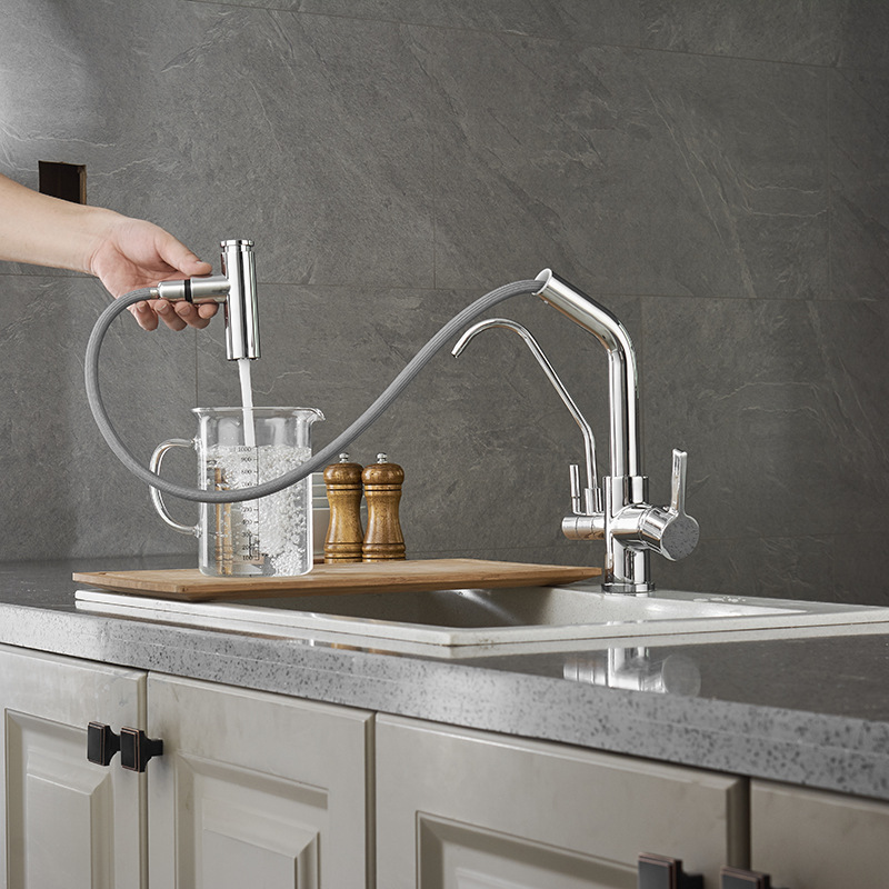 Robinet 3 Voies Cuisine Douchette Mitigeur Évier Avec 2 Becs Mitigeur Cuisine Pivotant 360 °,(chrome)