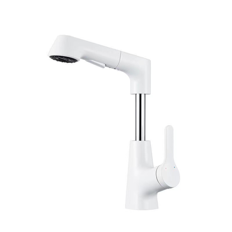 Robinet Mitigeur Lavabo Avec Douchette Extractible Rotatif À 360° Élevé + Abaissé Laiton Massif Mitigeur Lavabo Salle De Bain Blanc