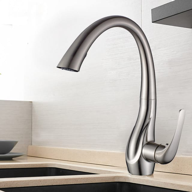 Robinet Cuisine En Laiton, Pivotant À 360° Mitigeur Cuisine Avec Douchette Extractible, Nickel Brossé/finition Mate (sku Produit : 95197086 Sku Offre : Lehuamwj1401)