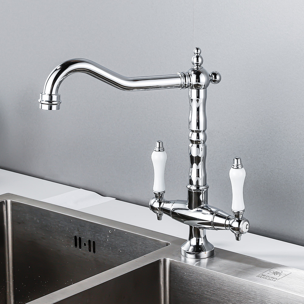 Robinet De Cuisine, Mitigeur D'Évier Rétro Pivotant À 360°, Double Levier, Arc Élevé, Finition Élégante Pour Une Décoration Intérieure Moderne
