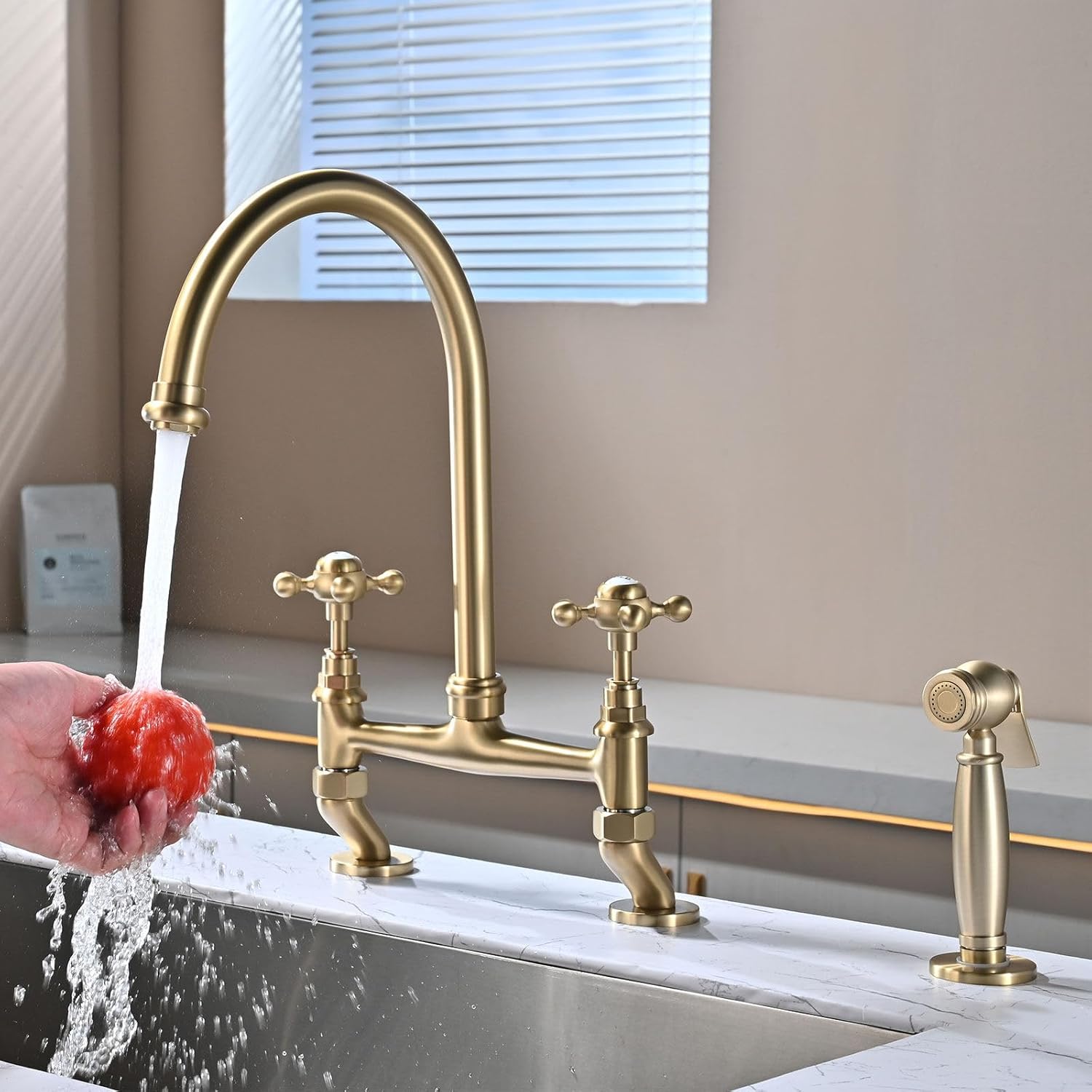 Robinet De Cuisine Avec Douchette Latérale, Rétro Cuisine Robinet, 3 Trous 2 Poignée Transversale Mitigeur Cuisine Pour Eau Froide Et Chaude, Laiton