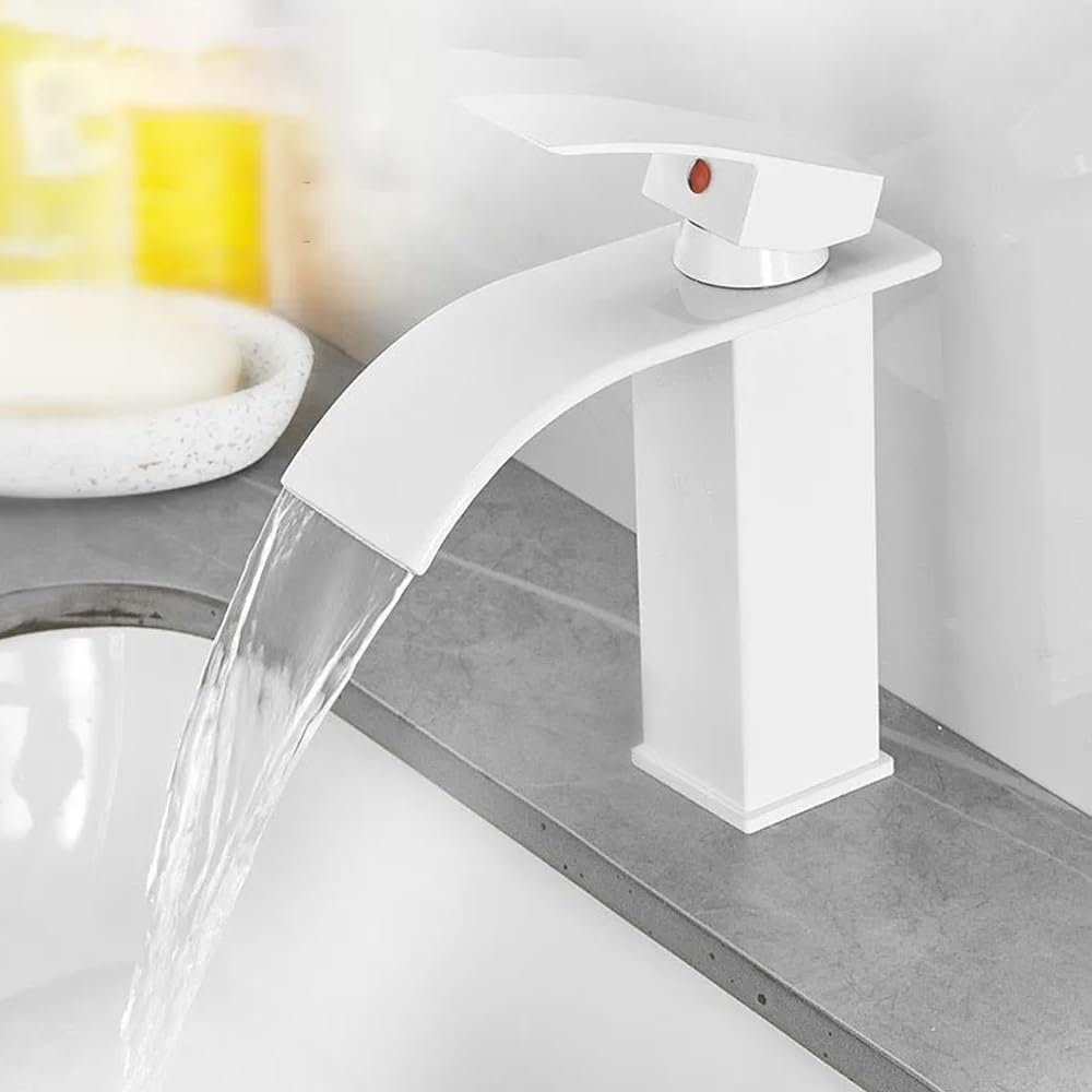 Robinet De Lavabo Cascade, Mitigeur Cascade Robinet Salle De Bains Monotrou Sur Plage, Robinetterie Lavabo, Cartouche Céramique, Blanc