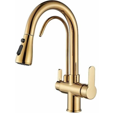 Robinet De Cuisine 3 Voies, Mitigeur D'Évier De Cuisine Doré Avec Douchette Extractible, Rotation À 360 Degrés, Robinet De Cuisine À Double Poignée, Mitigeur D'Évier De Cuisine À 3 Modes De Pulvérisat