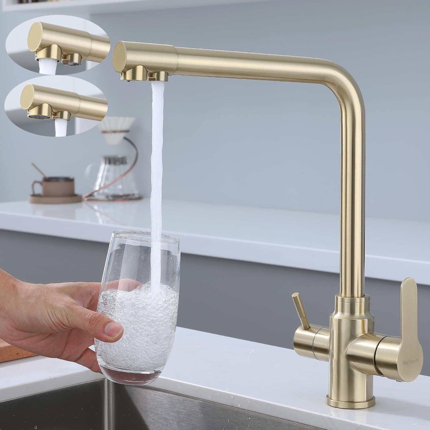 Robinet De Cuisine À Trois Voies, Mitigeur D'Évier, Avec Deux Sorties D'Eau: Eau Filtrée Et Eau Chaude Et Froide, Bec Pivotant À 360°, Galvanoplastie