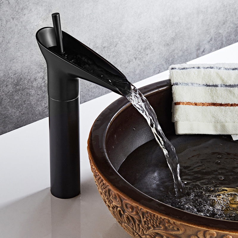 Black Bathroom Faucet, Waterfall Bathroom Faucet Retro Black Single Lever Basin Mixer Tap Bathroom Mixer Tap, Brass Countertop High Basin Hand Wash Basin Faucet Basin Faucet