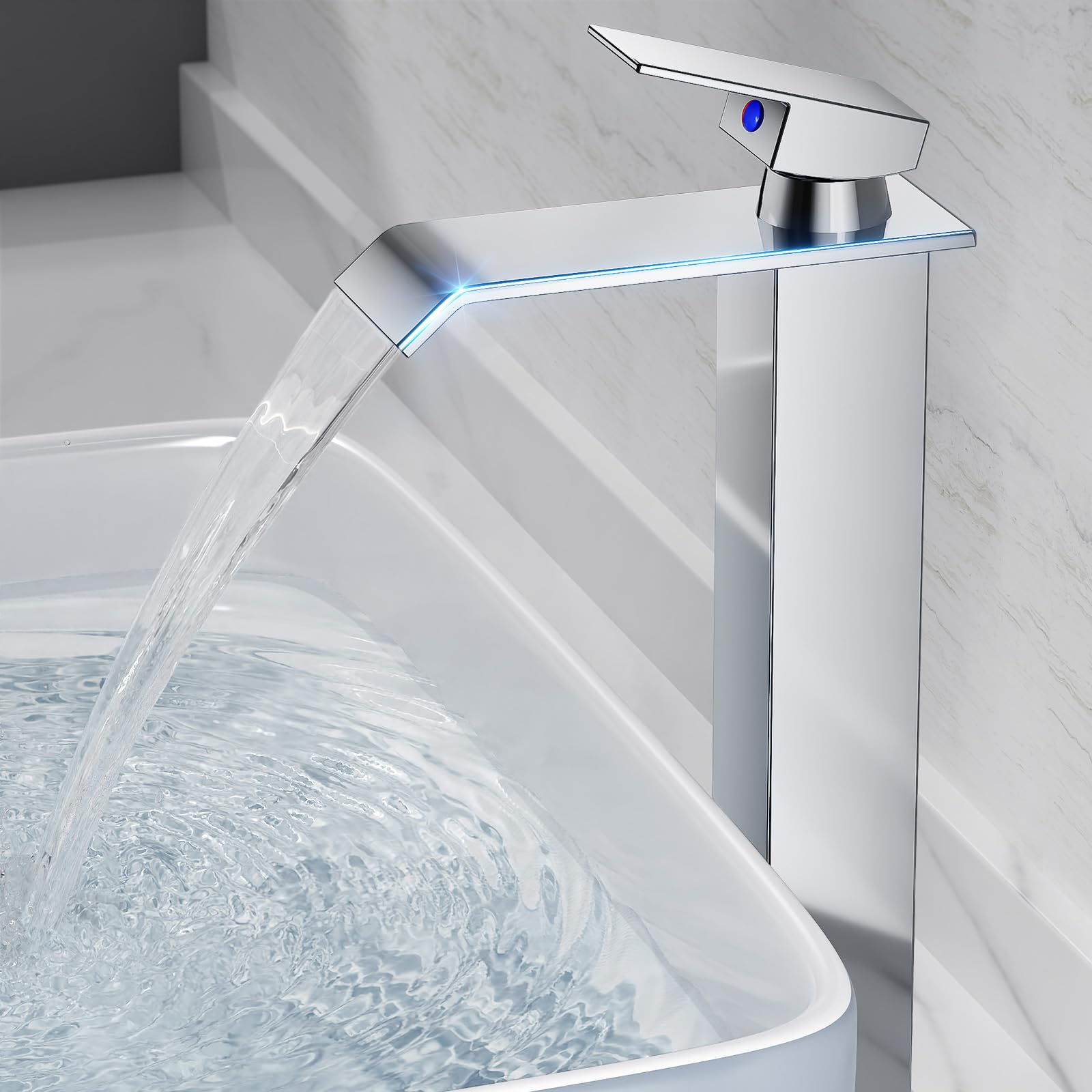 Robinet Salle De Bain,mitigeur Lavabo Cascade En Acier Inoxydable,mitigeur En Laiton,eau Chaude Et Froide Disponible,economiseur D'Eau, Chromé (comprend Un Tuyau De 60 Cm)