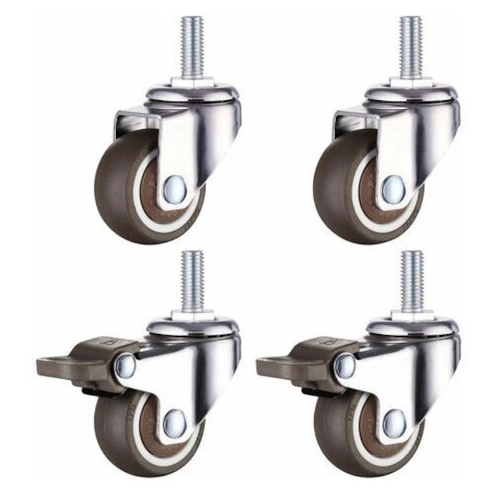 Set 4 Roti Pivotante Cu Frana, Cauciuc, 25mm, Filet M6, 15mm Lungime