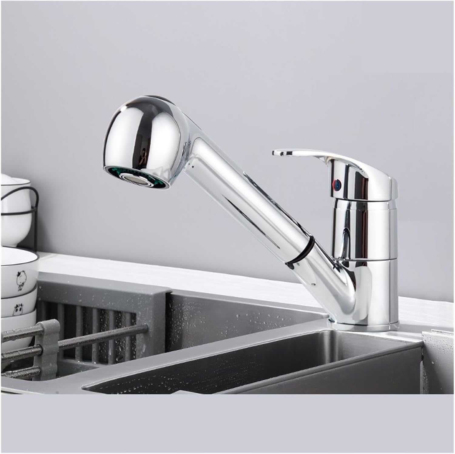 Sxzmazs Schwarzer Heißer Und Kalter Küchenarmatur, Einloch-auslauf-spültischmischer Mit Herunterziehbarem Strahlsprüher, Deckmontage, Verchromter Wasserhahn (color : Chrome)