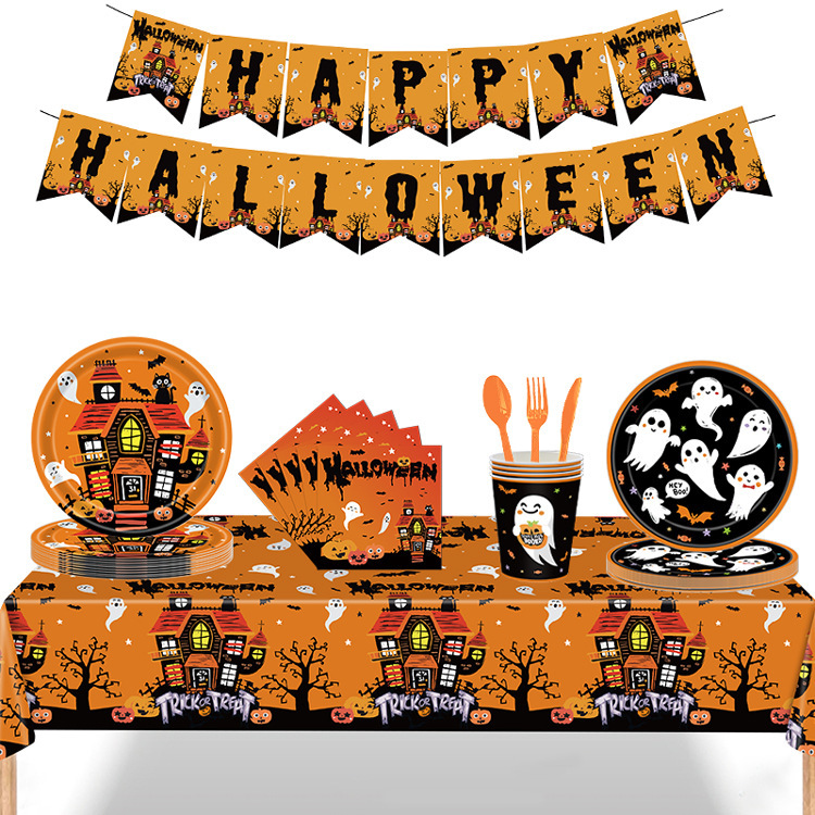 194-piece Halloween Party Plate Set, Disposable Halloween Tableware, Halloween Party Plates, Napkins, Cups, Banners, Paper Cups Tablecloth Decorations, Suitable For Halloween Birthday Parties, Can Acc