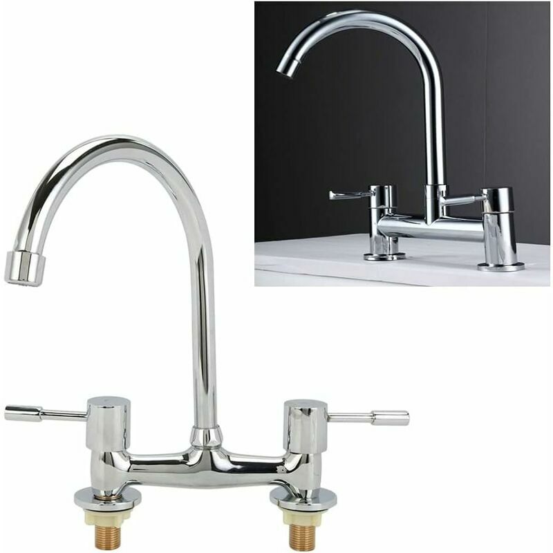 Kitchen Sink Taps 2 Hole 1/4 Turn Dual Lever Deck Mounted Hot & Cold Mixer Faucet Swivel Spout Black Taps
