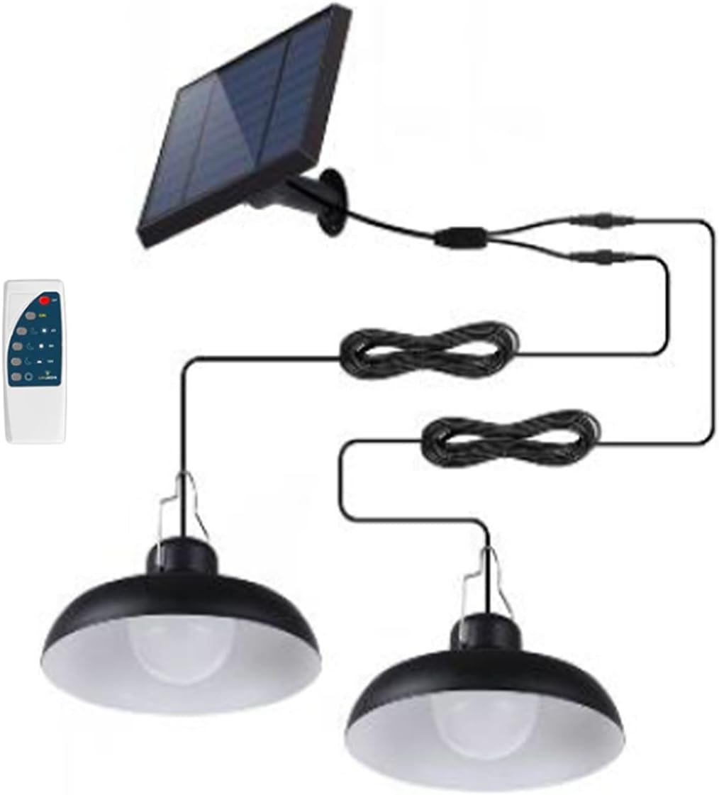 Double Suspension Solaire Led 2x Waren – Abat-jour Métal Noir – Blanc Froid – Télécommande – Autonomie 10h – Étanche Ip44
