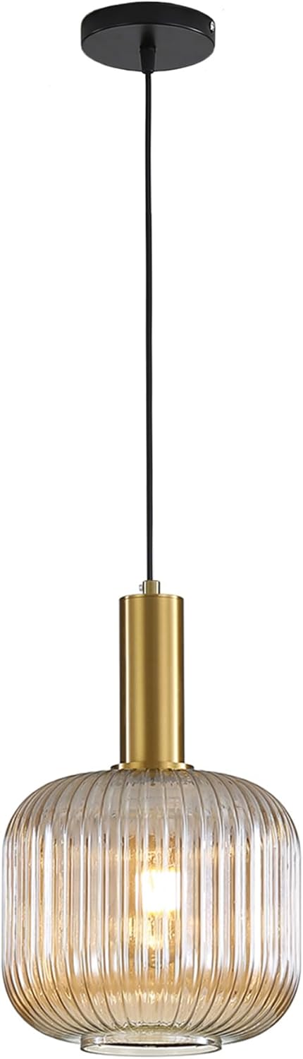 Suspension Industrielle Vintage En Verre Côtelé, Plafonnier Avec Finition Laiton Poli, Lampe De Salle À Manger Suspendue Pour Cuisine, Salon Ou Chambre (ambre, 20 Cm)
