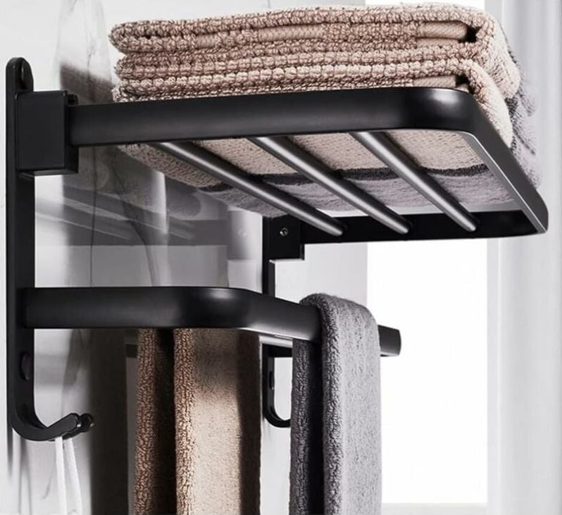 Toallero De Baño De 50 Cm - Toallero Doble Montado En La Pared Soporte De Mesa Estilo Hotel - Negro Mate