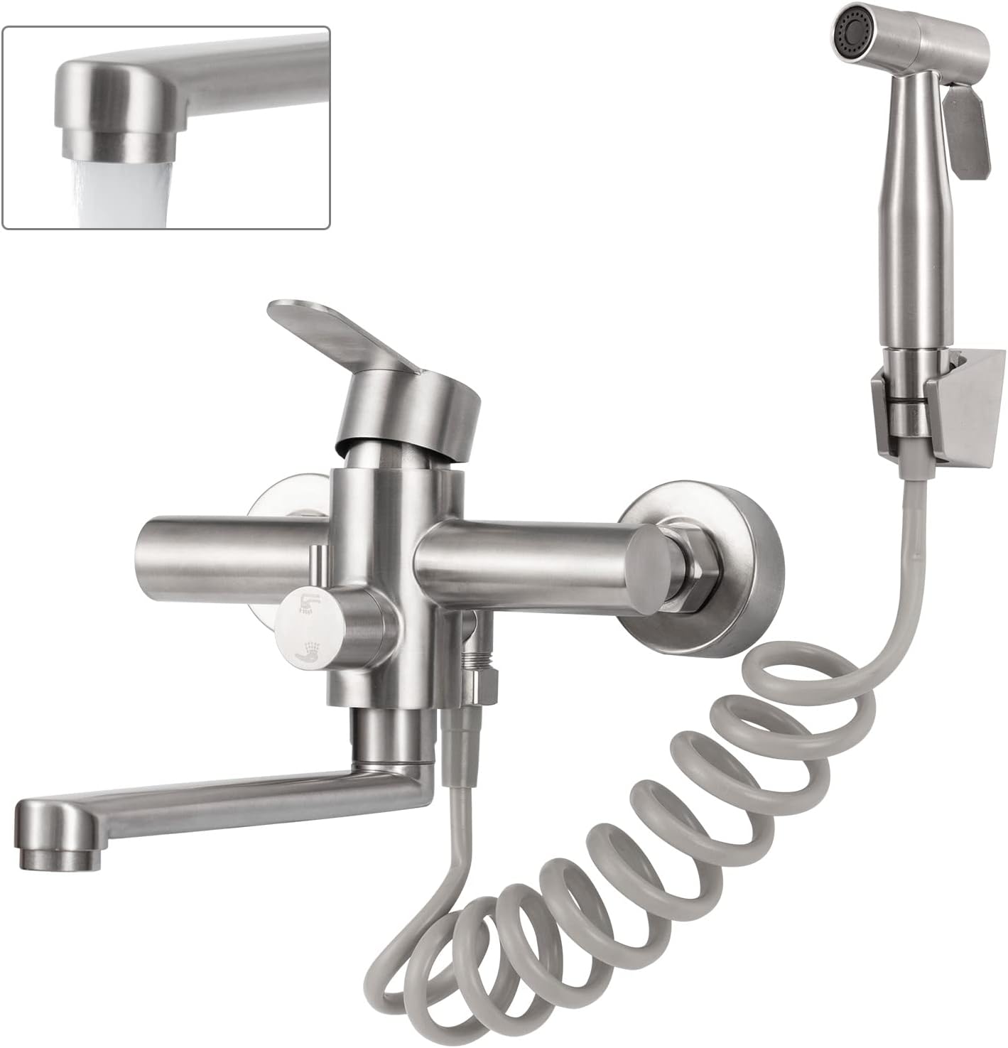 Wall Mounted Kitchen Faucet, Wall Mounted Kitchen 360° Swivel Mixer Tap With Spray Gun, 23 Cm Swivel Tube, Brushed