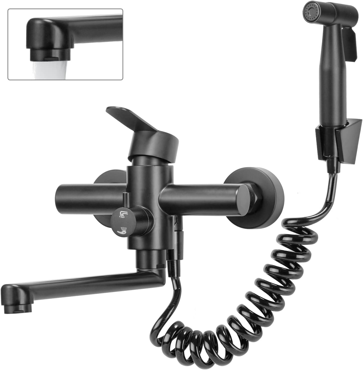 Robinet Mural Cuisine, Mitigeur Cuisine Mural Avec Pistolet, Pivotant À 360° Robinet Mélangeur, Tube Rotatif 23cm, Acier Inoxydable, Noir