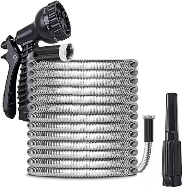 Tuyau En Acier Inoxydable Robuste, Durable, Anti-pliage, Anti-fuite Et Anti-rouille Avec Buse De Pistolet De Pulvérisation (15 Mètres) (référence Produit : 96505489 Offre : Mkh25.6.26-21)
