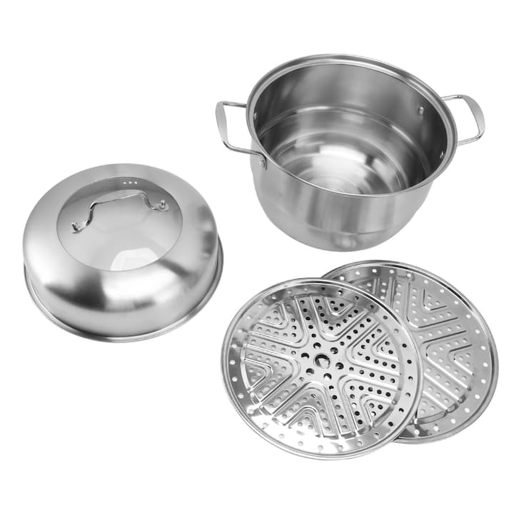 Oala De Aburi Din Otel Inoxidabil, 33cm, Cu Capac Din Sticla, Design Stivuibil, Pentru Gatit Si Aburire