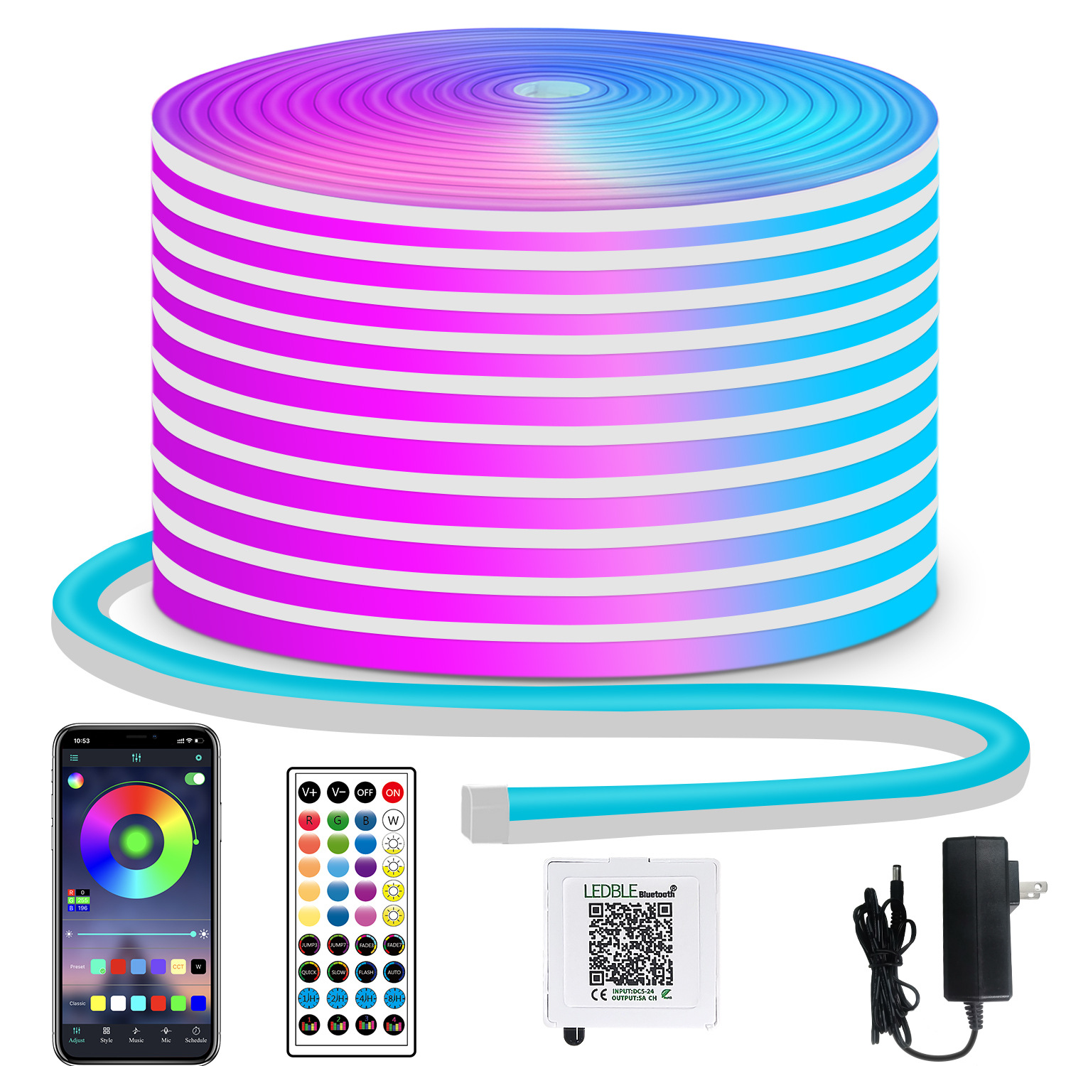 Bande Lumineuse Led Néon Rgb, 20 M - 1 200 Led, Contrôle Par Application/télécommande, Étanchéité Ip65