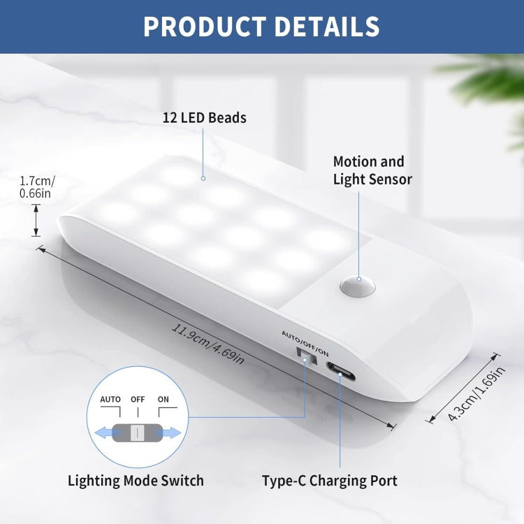 Veilleuse Led Rechargeable, Avec Détecteur De Mouvement, Lampe De Placard Avec Bande Magnétique Pour Armoire, Couloir, Escalier, Cuisine,2 Pack