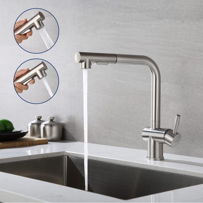 Mitigeur Cuisine Avec Douchette Extractible Robinet D'Évier À Deux Jets Robinetterie Cuisine En Acier Brossé Pivotant 360°,barboteur Démotable