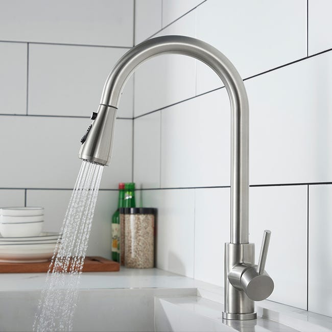 Robinet De Cuisine Avec Douchette Extractible Mitigeur Cuisine Brossé En Acier Inox Robinet D'Évier Pour Cuisine Rotatif À 360° Avec 3 Modes